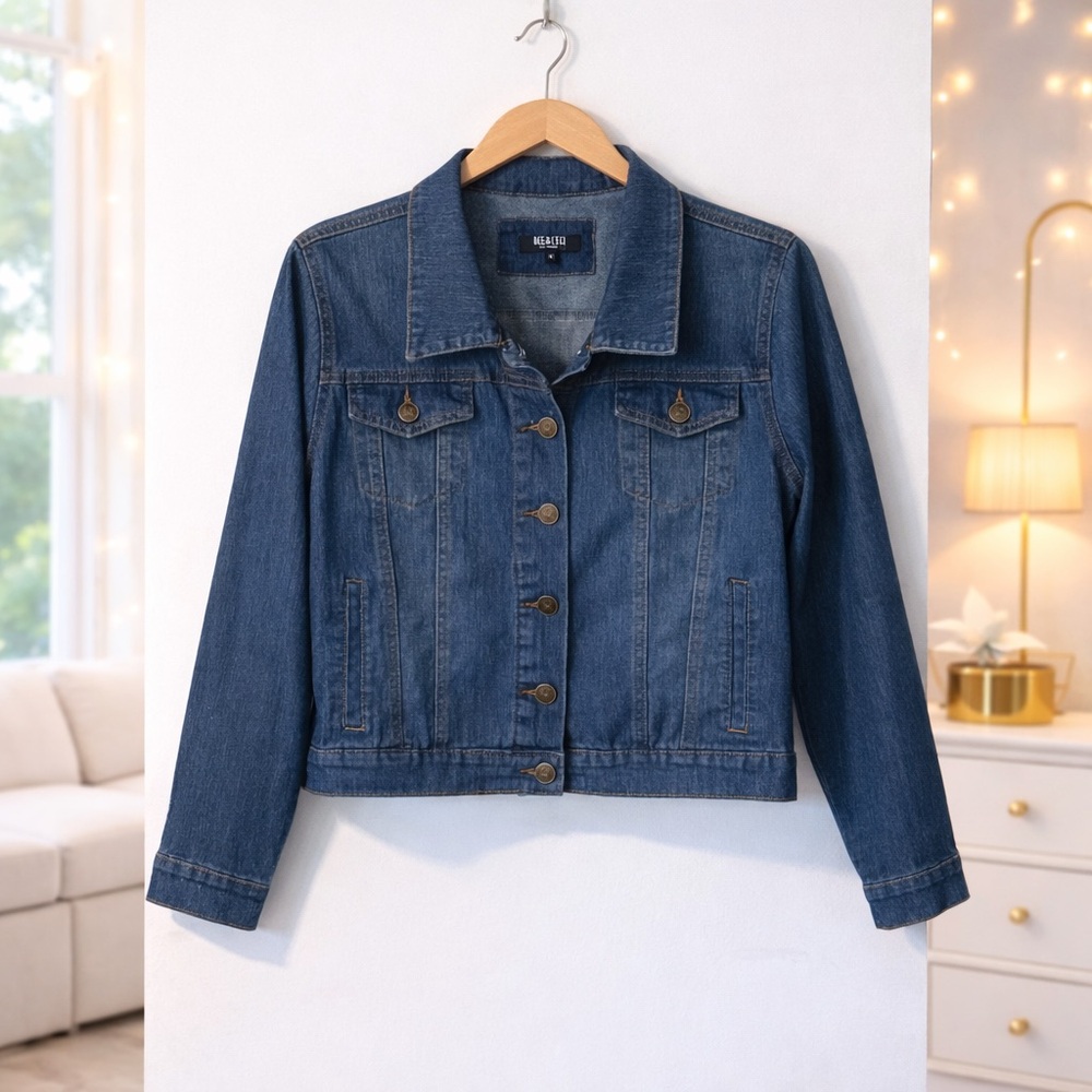 ✨Cropped Medium-Wash Fitted Denim Jacket Size M
